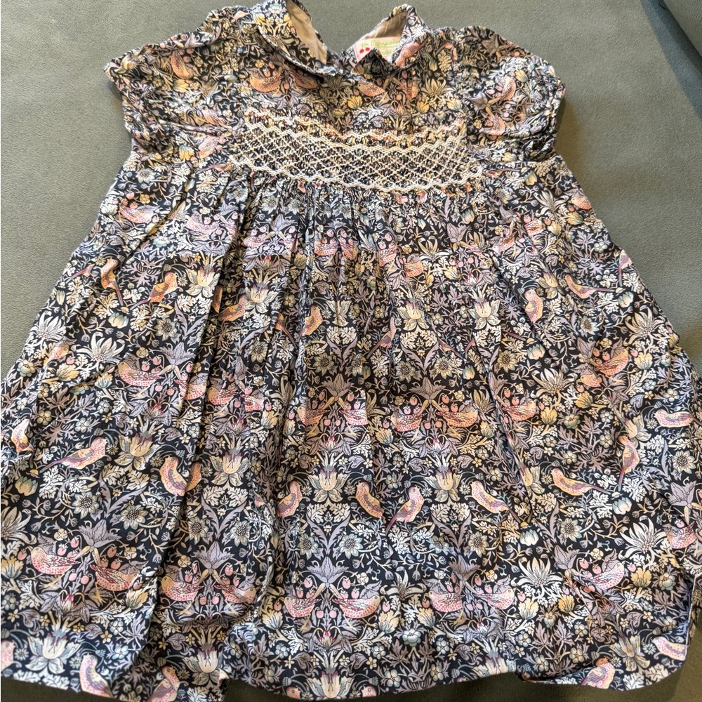 Bonpoint Navy Floral Smocked Casual Dress with Pink and Cream Accents